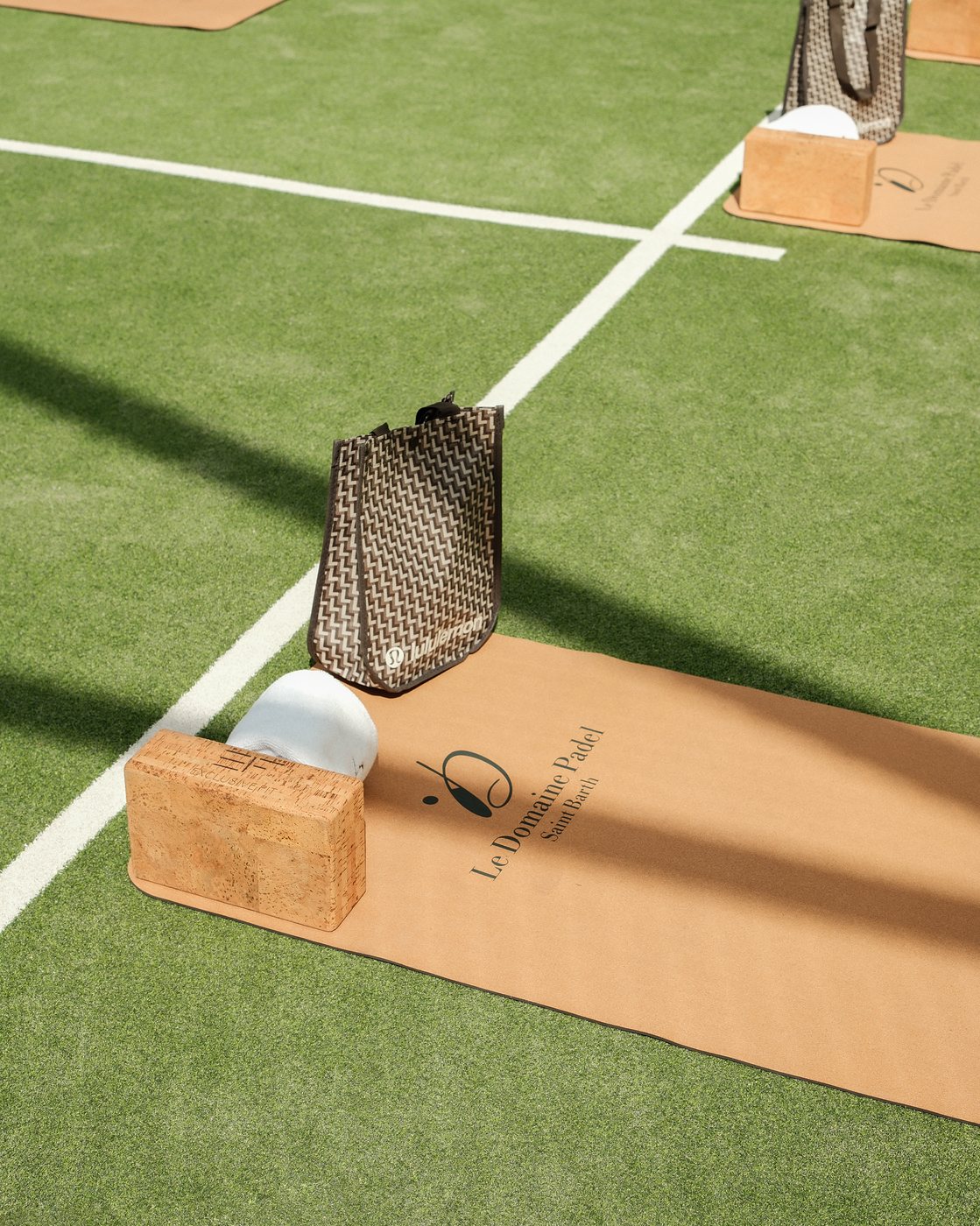 Yoga mat and blocks on the court