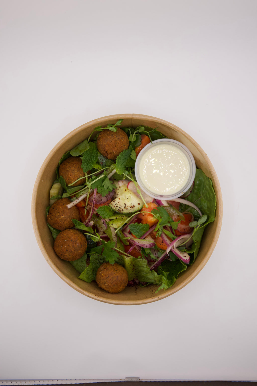 Fattoush Salad with Falafel & Toum Garlic Sauce