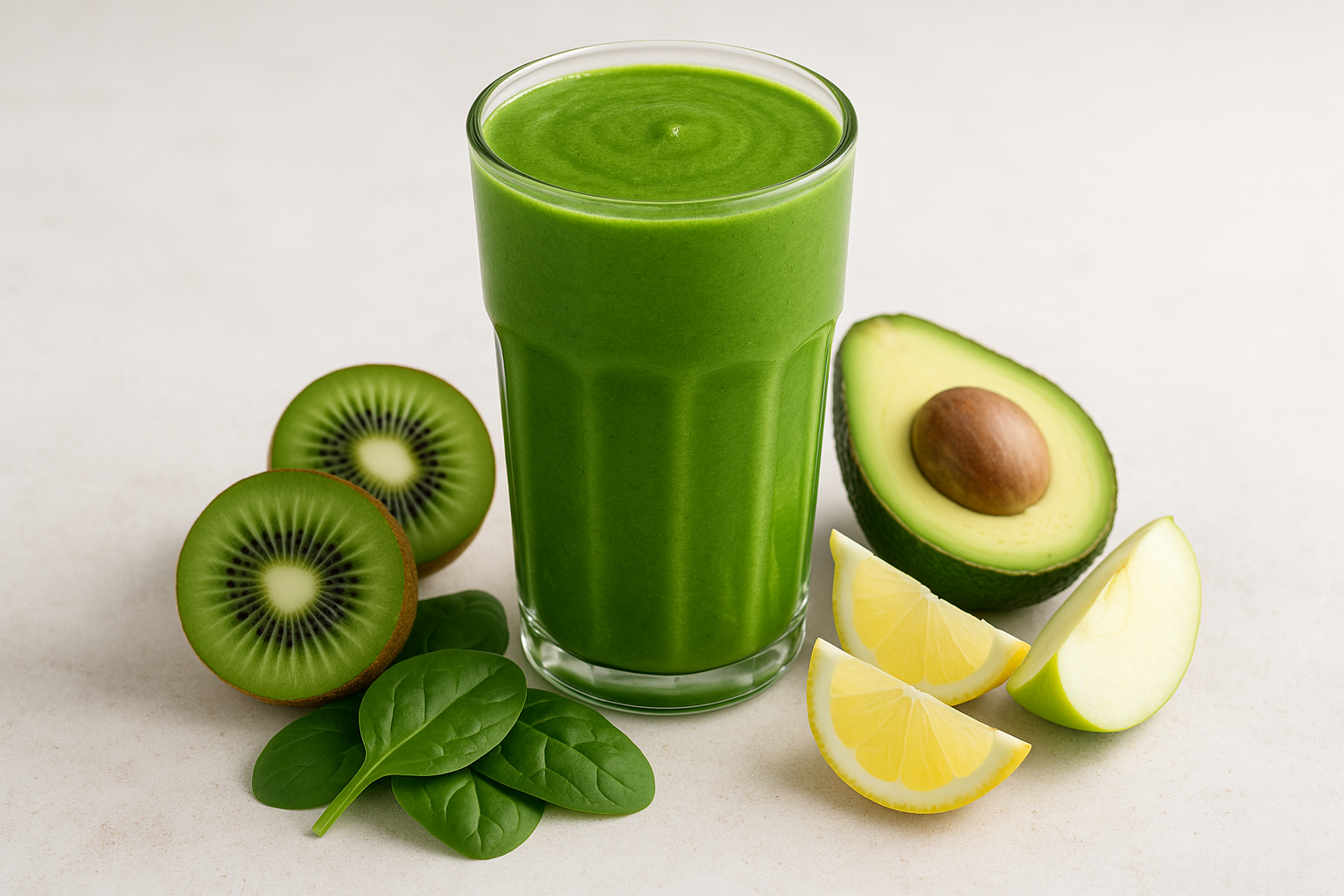 a glass of our Green signature Juice:
Kiwi, spinach, avocado, lemon & apple