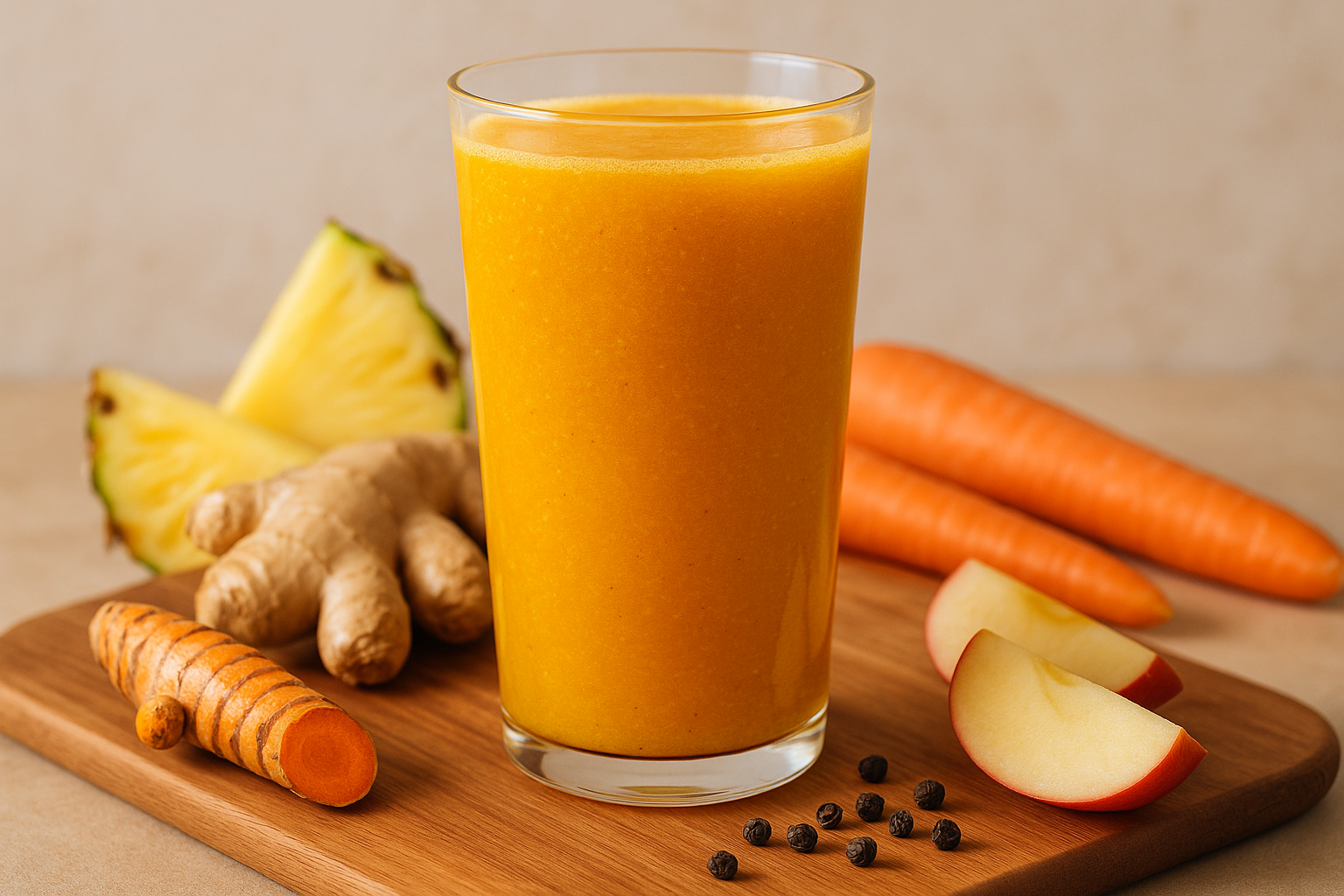 a glass of Tonic Juice:
Turmeric, ginger, pineapple, carrots, black pepper & apple
