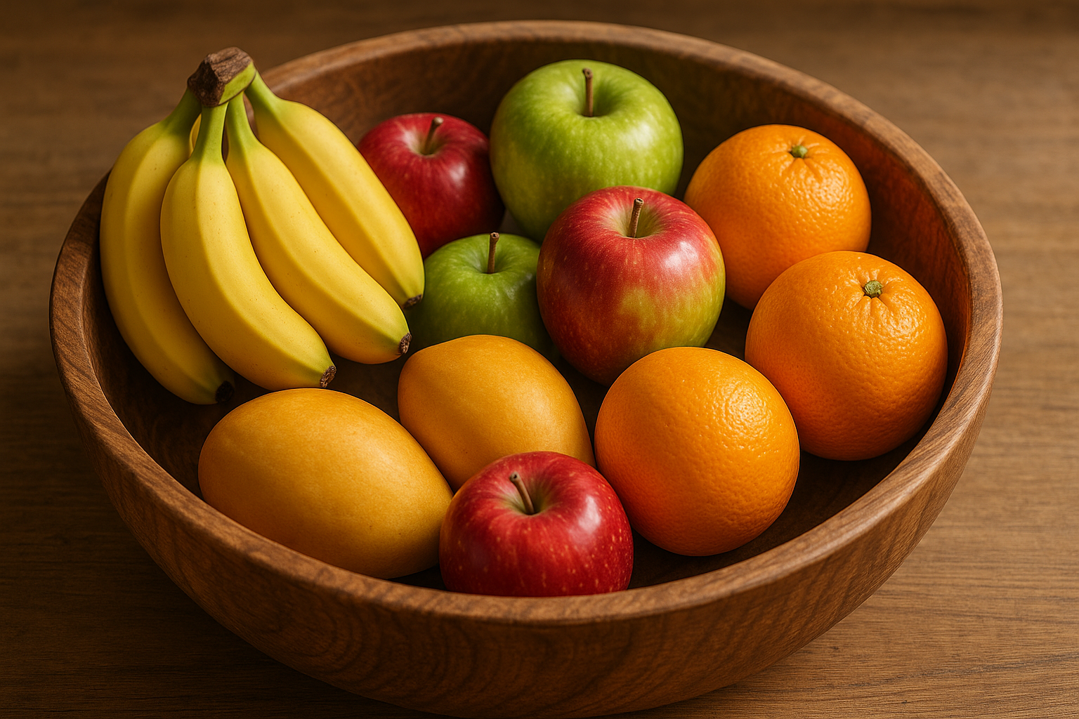 a large wooden saladier with fruits (banana, apple, mango, orange)