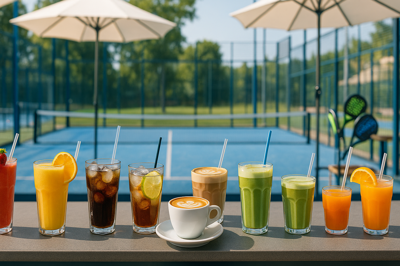 a wide image of different drinks in an outdoor sports and padel bar (smoothies, soda, capuccino, Matcha latte, fruit juice)
