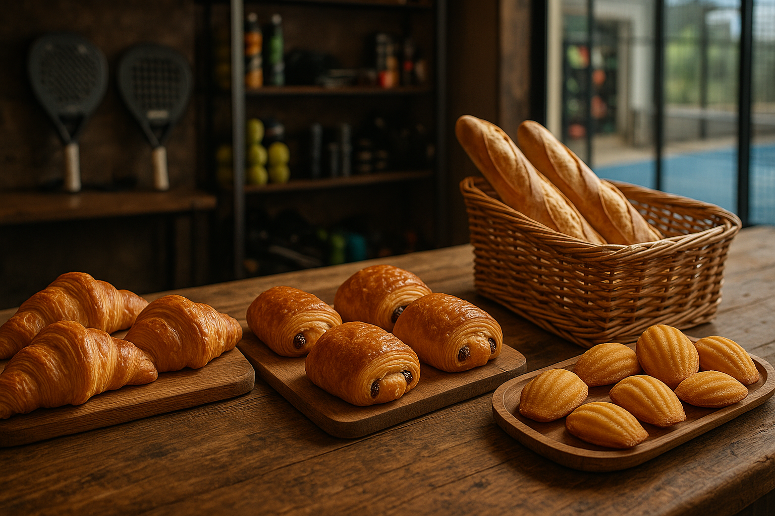 a wide image with a selection of croissant, chocolatine, baguette, madeleine, on a wooden bar, with some padel/sports elements in the background