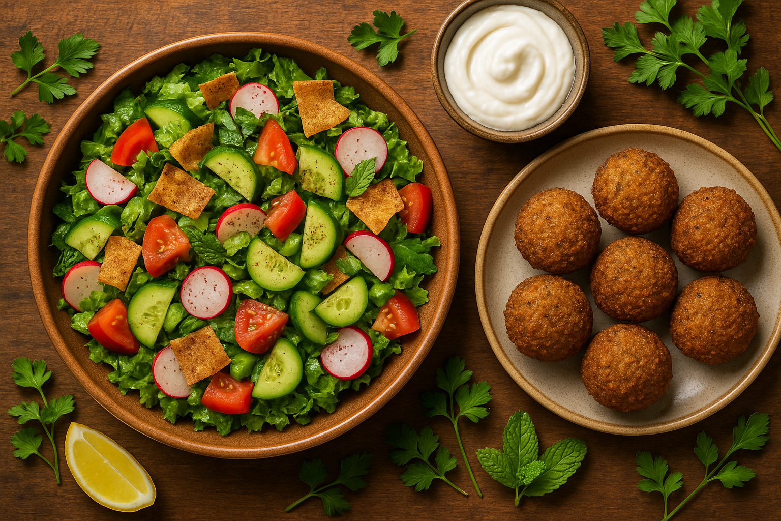 Fattoush salad, falafel, toum garlic sauce