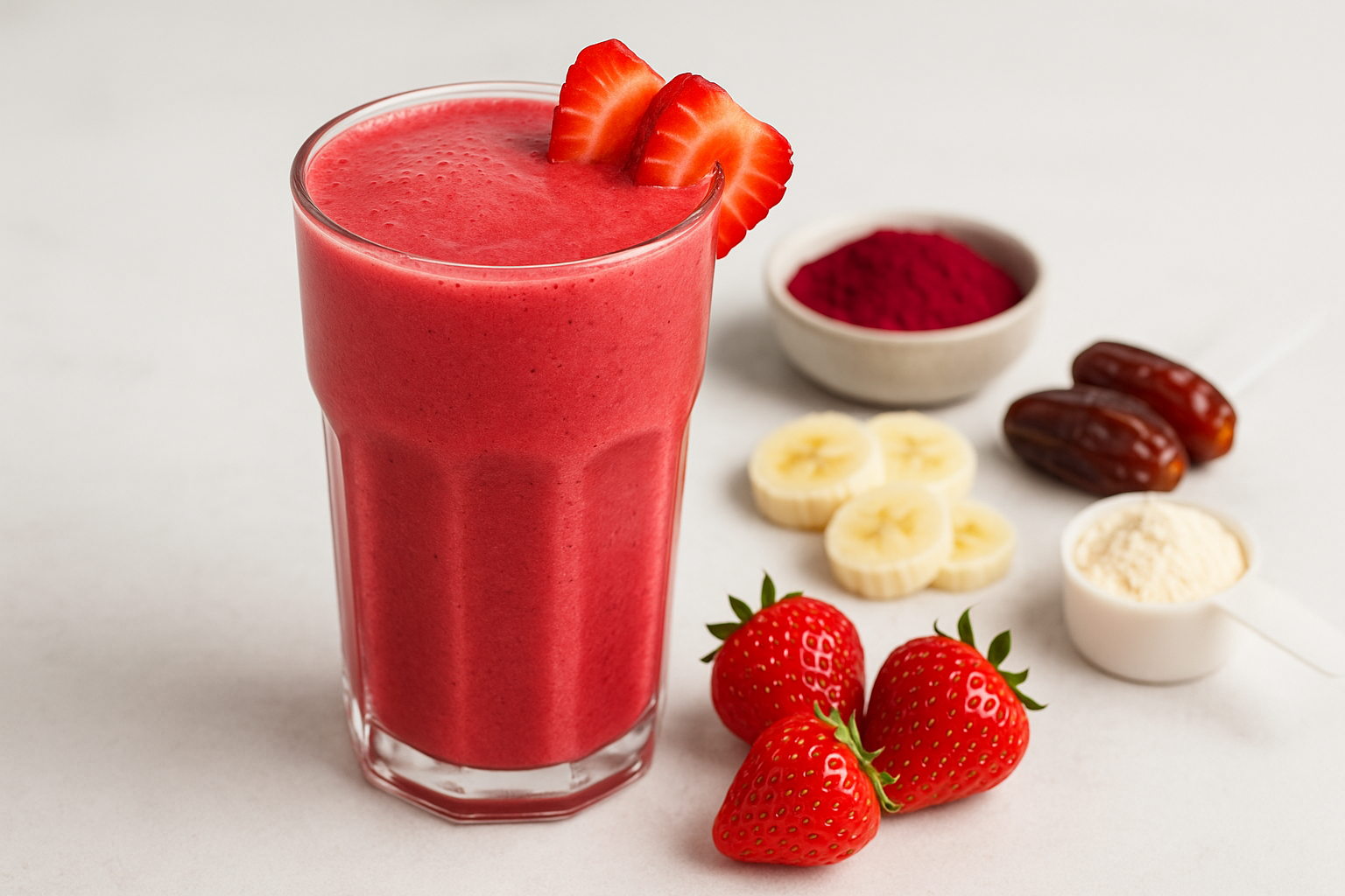 Red Berry Protein Shake - 
(Strawberry, beetroot powder, banana, date puree, whey & collagen protein, pea milk)