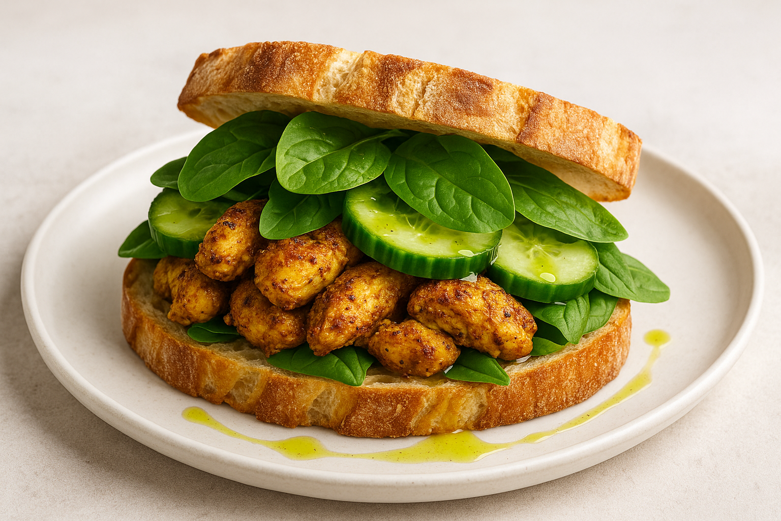 Vadouvan chicken sandwich with cucumber, spinach, and lemongrass vinaigrette